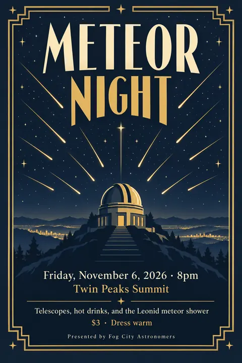 Art Deco style poster for a fictional event called Meteor Night