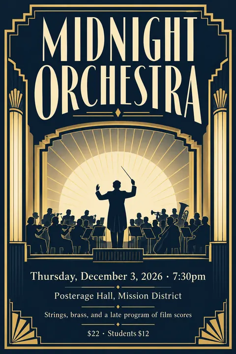 Art Deco style poster for a fictional event called Midnight Orchestra