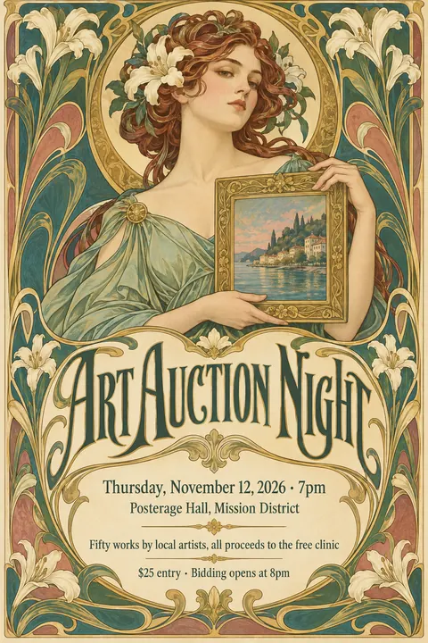 Art Nouveau style event poster for a fictional fundraiser: Art Auction Night