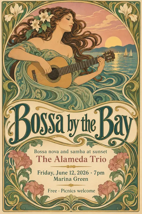 Art Nouveau style poster for a fictional event called Bossa by the Bay