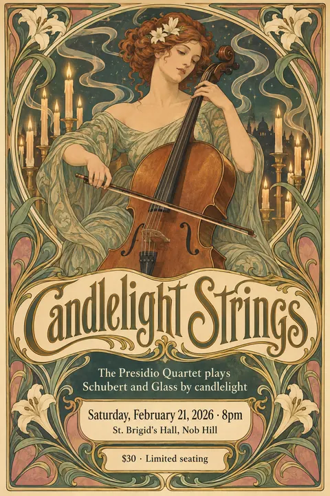 Art Nouveau style poster for a fictional event called Candlelight Strings