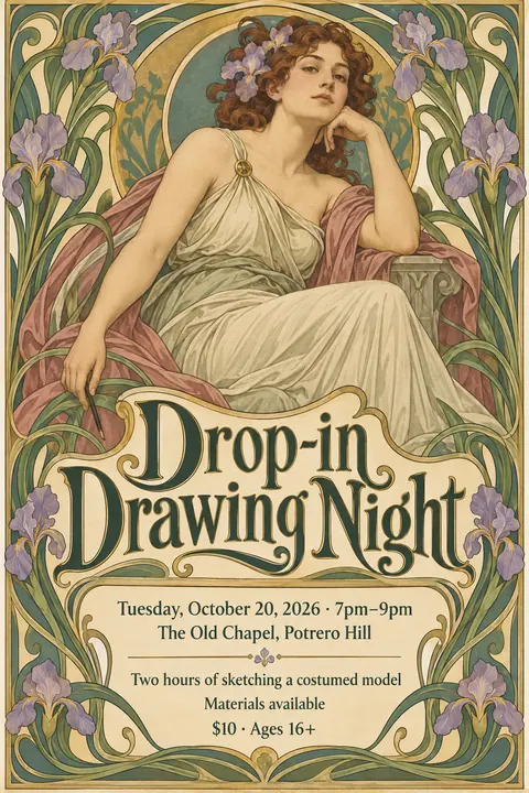 Art Nouveau style poster for a fictional event called Drop-in Drawing Night