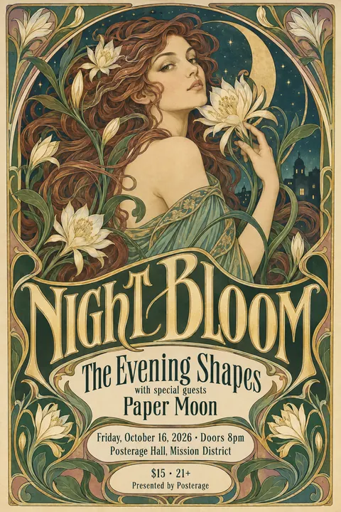 Art Nouveau style poster for a fictional event called Night Bloom