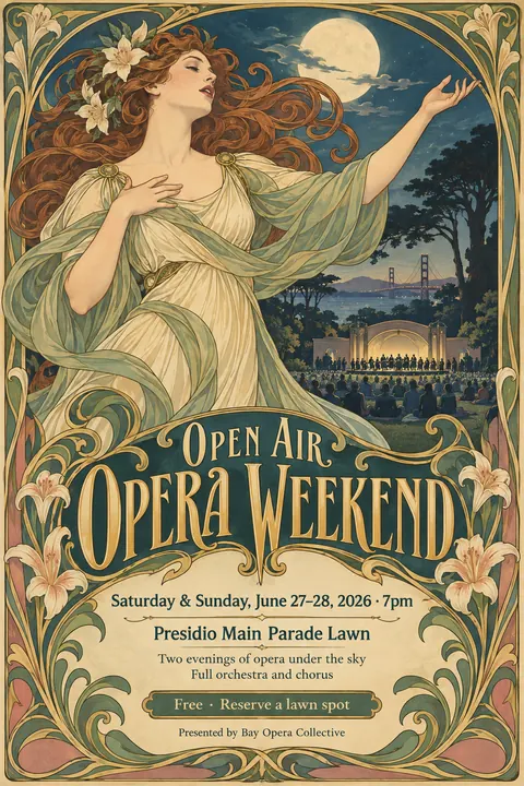 Art Nouveau style event poster for a fictional festival: Open Air Opera Weekend