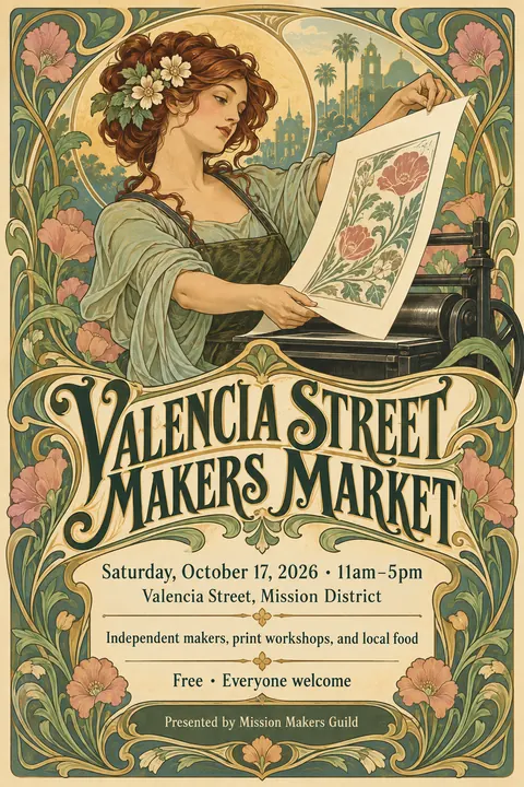 Art Nouveau style poster for a fictional event called Valencia Street Makers Market