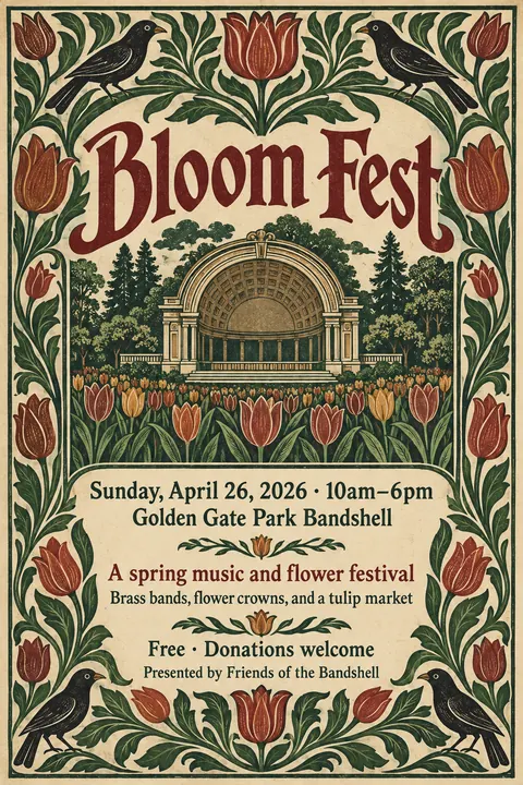 Arts and Crafts style event poster for a fictional festival: Bloom Fest