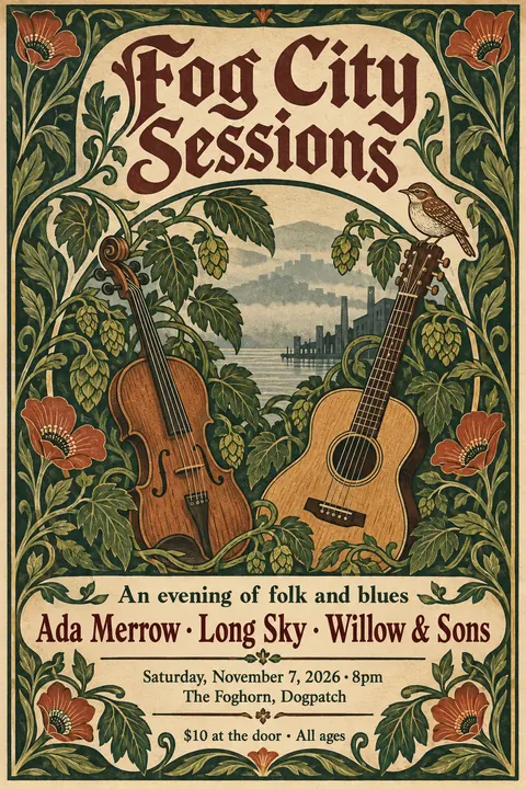 Arts and Crafts style poster for a fictional event called Fog City Sessions