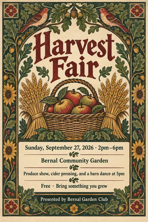 Arts and Crafts style poster for a fictional event called Harvest Fair
