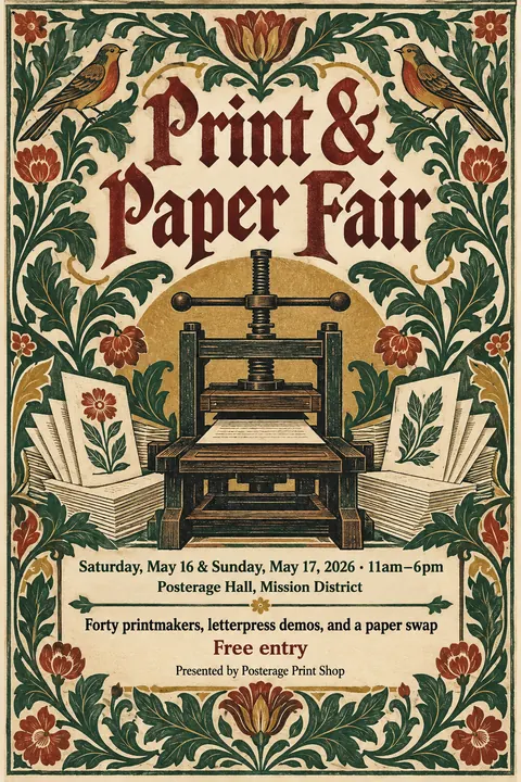 Arts and Crafts style poster for a fictional event called Print & Paper Fair