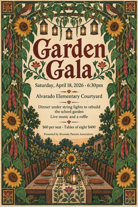 Arts and Crafts style event poster for a fictional fundraiser: Garden Gala