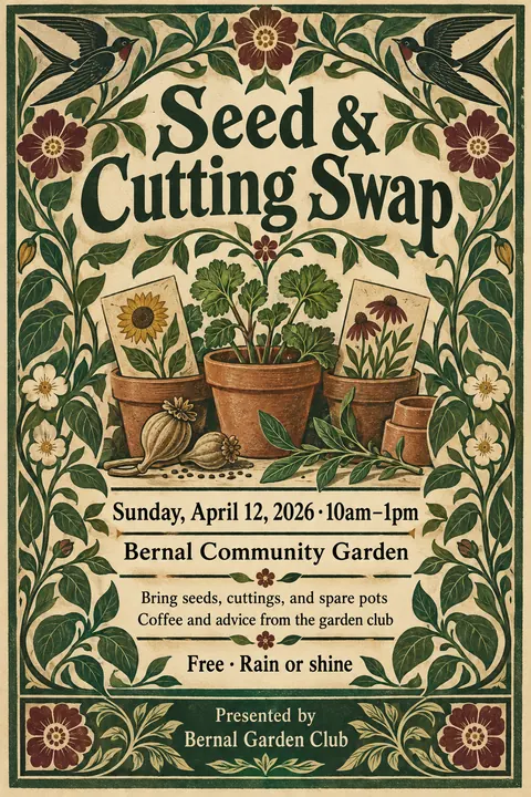 Arts and Crafts style poster for a fictional event called Seed & Cutting Swap