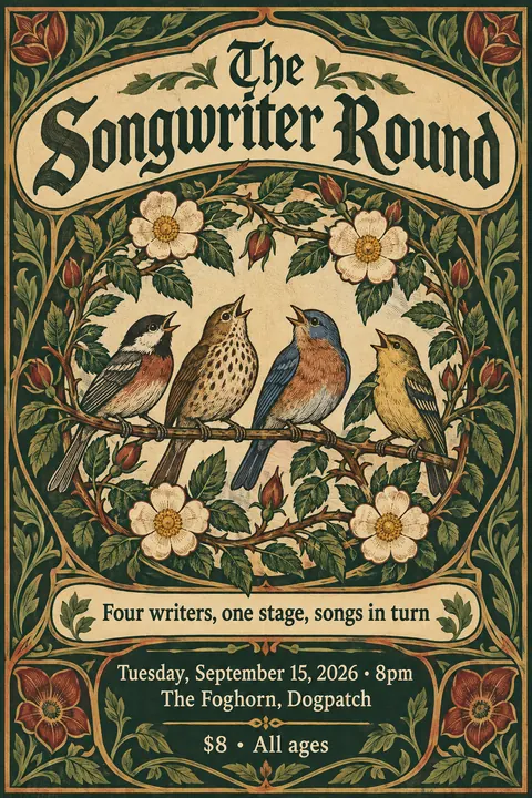 Arts and Crafts style poster for a fictional event called The Songwriter Round