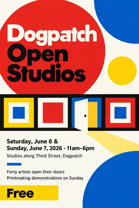 Bauhaus style poster for a fictional event called Dogpatch Open Studios