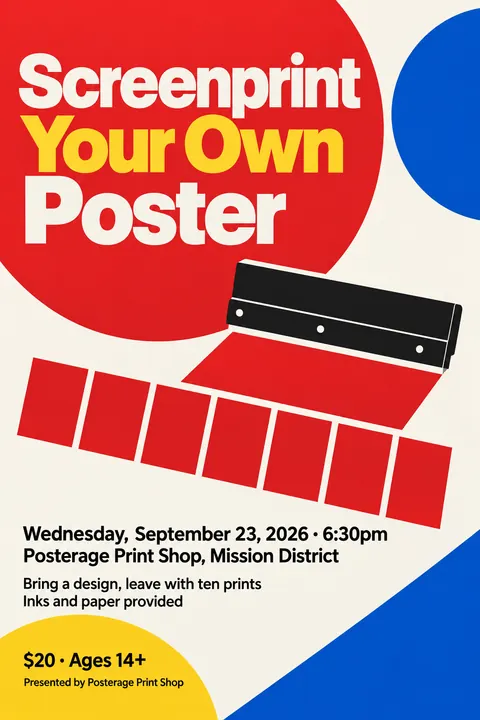 Bauhaus style poster for a fictional event called Screenprint Your Own Poster