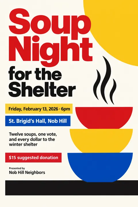 Bauhaus style event poster for a fictional fundraiser: Soup Night for the Shelter