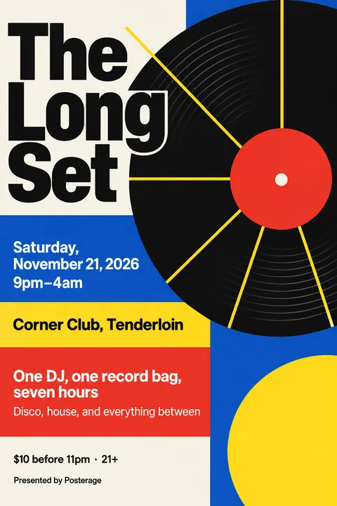 Bauhaus style poster for a fictional event called The Long Set
