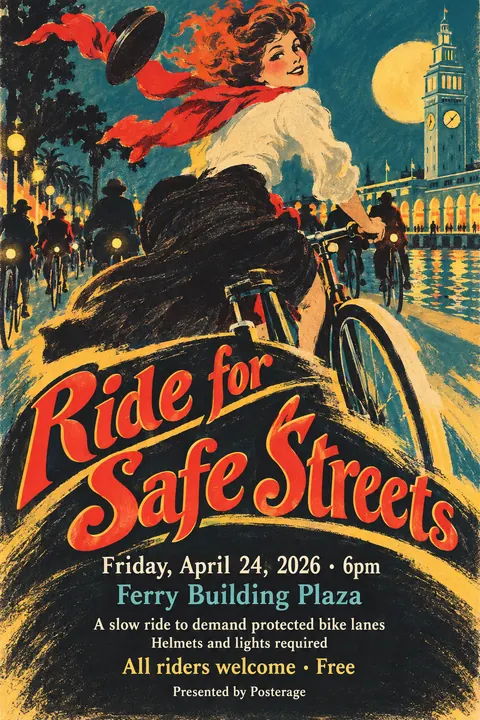 Belle Époque Lithograph style event poster for a fictional protest: Ride for Safe Streets