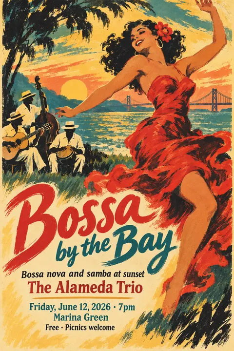 Belle Époque Lithograph style poster for a fictional event called Bossa by the Bay