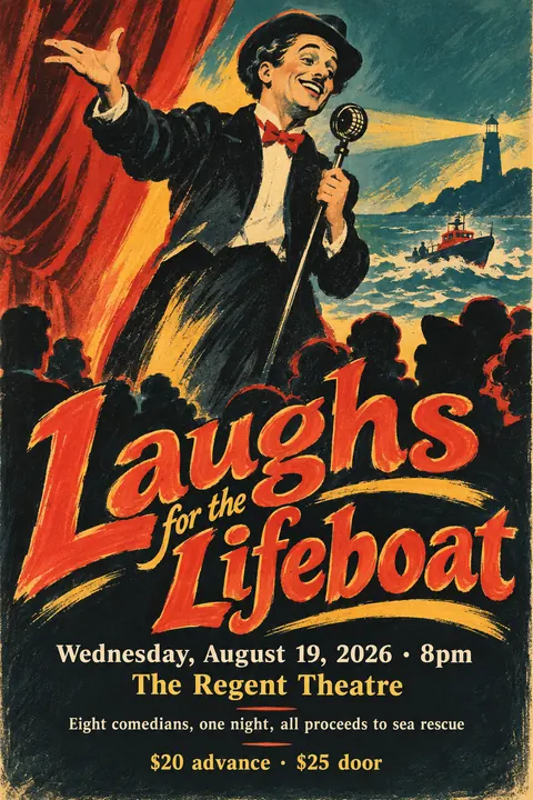 Belle Époque Lithograph style event poster for a fictional fundraiser: Laughs for the Lifeboat