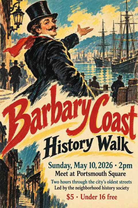 Belle Époque Lithograph style poster for a fictional event called Barbary Coast History Walk