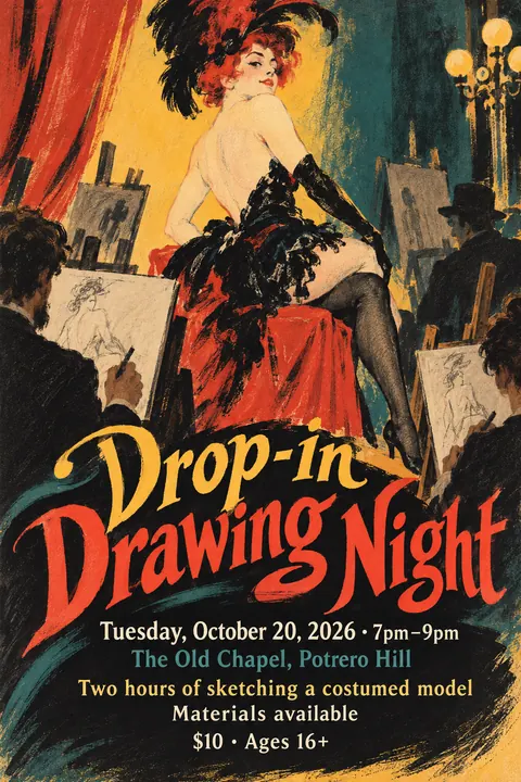 Belle Époque Lithograph style poster for a fictional event called Drop-in Drawing Night