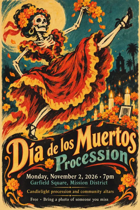 Belle Époque Lithograph style poster for a fictional event called Día de los Muertos Procession