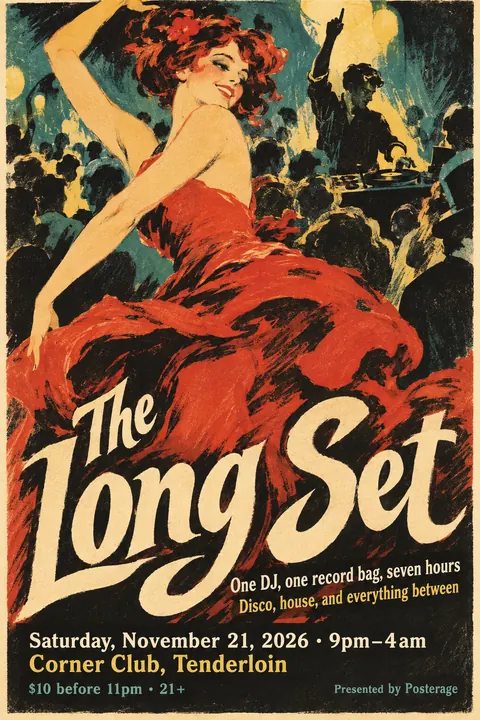 Belle Époque Lithograph style poster for a fictional event called The Long Set
