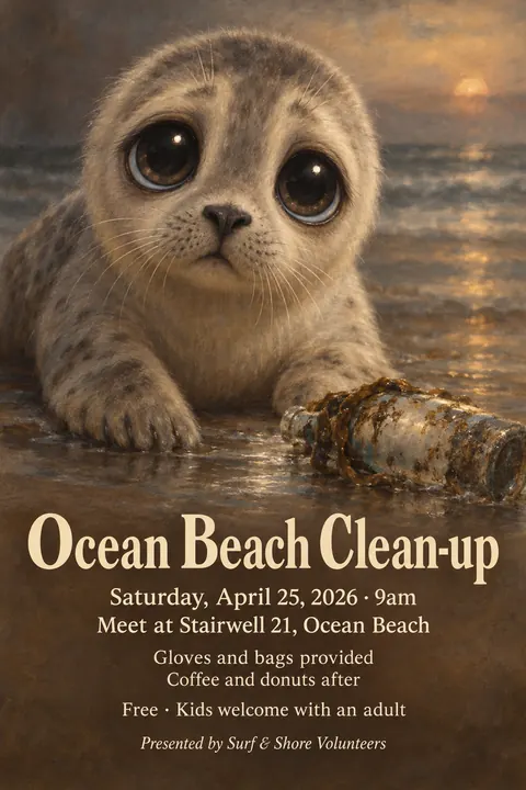 Big Eyes / Keane Waif style poster for a fictional event called Ocean Beach Clean-up