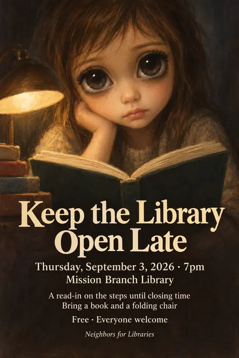Big Eyes / Keane Waif style event poster for a fictional protest: Keep the Library Open Late