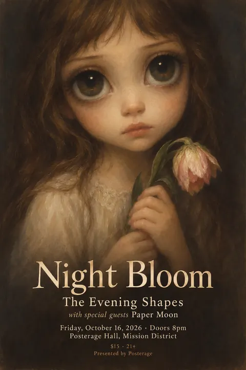 Big Eyes / Keane Waif style poster for a fictional event called Night Bloom