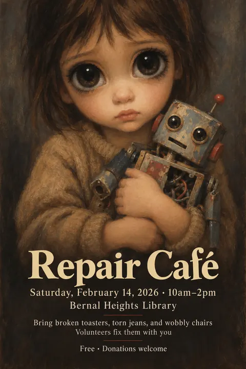 Big Eyes / Keane Waif style poster for a fictional event called Repair Café