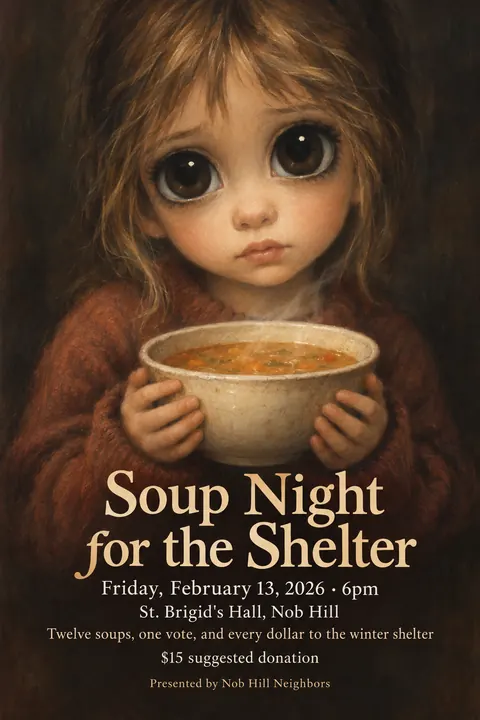 Big Eyes / Keane Waif style event poster for a fictional fundraiser: Soup Night for the Shelter