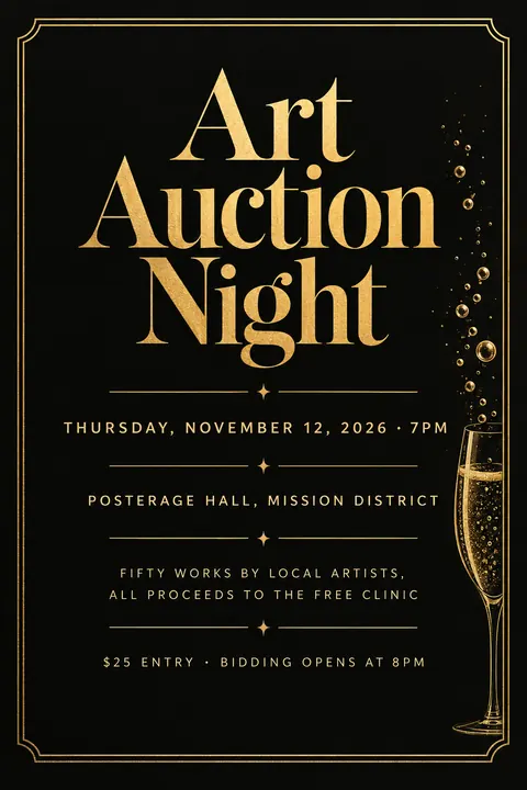 Black and Gold style event poster for a fictional fundraiser: Art Auction Night
