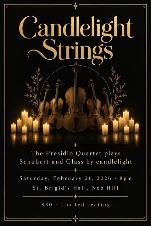 Black and Gold style event poster for a fictional music: Candlelight Strings