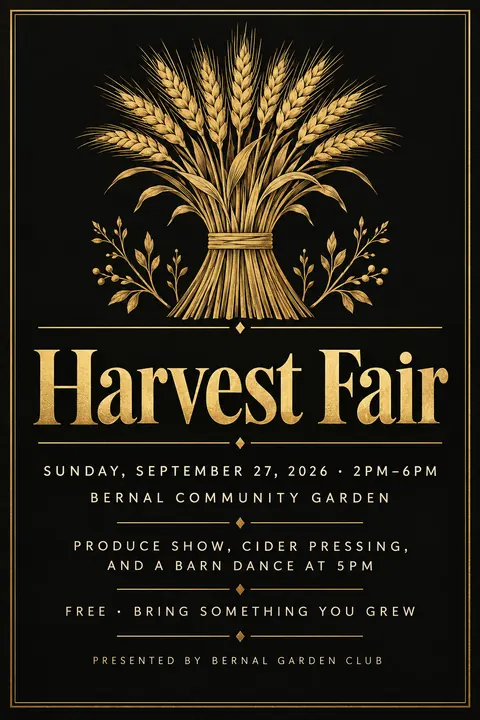Black and Gold style event poster for a fictional community: Harvest Fair