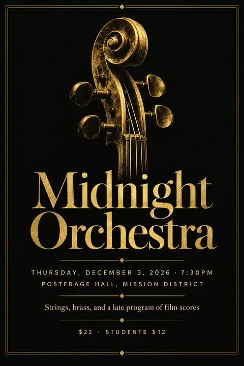 Black and Gold style event poster for a fictional music: Midnight Orchestra