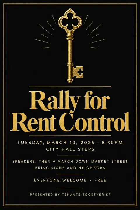 Black and Gold style event poster for a fictional protest: Rally for Rent Control