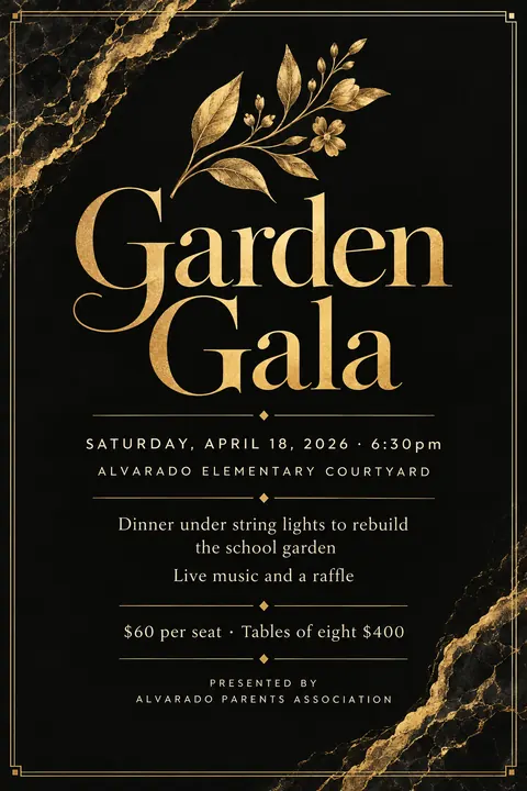 Black and Gold style event poster for a fictional fundraiser: Garden Gala