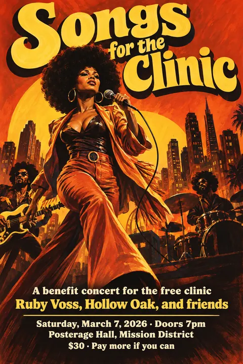 Blaxploitation Movie Poster style event poster for a fictional fundraiser: Songs for the Clinic