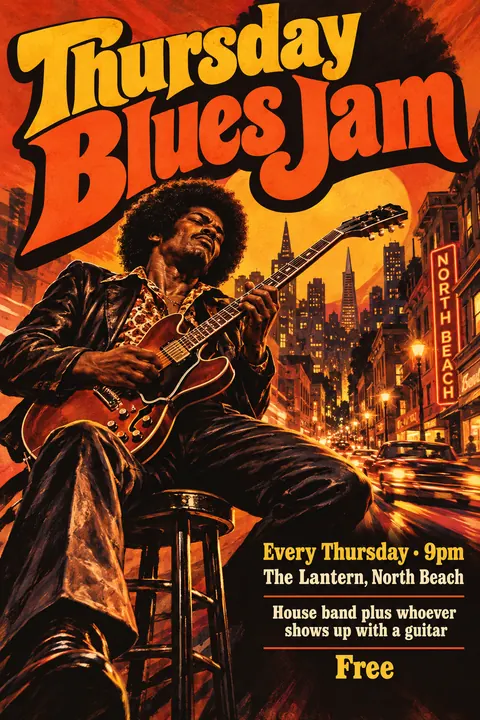 Blaxploitation Movie Poster style poster for a fictional event called Thursday Blues Jam