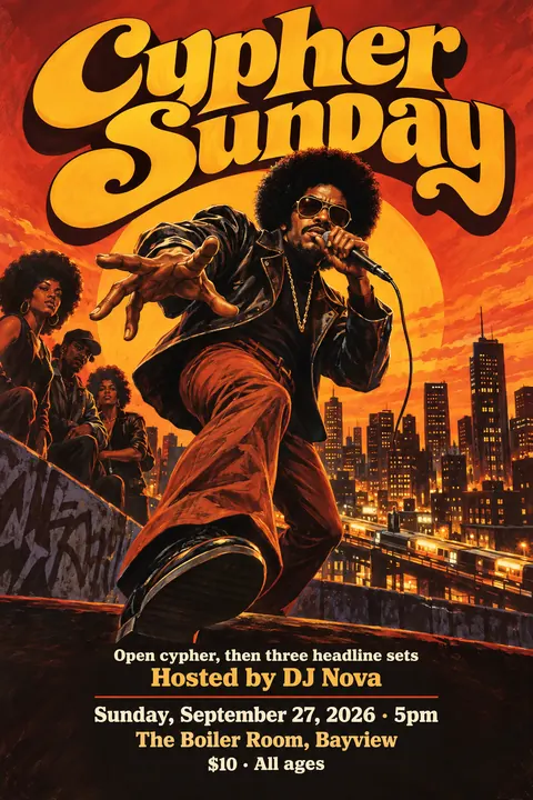 Blaxploitation Movie Poster style poster for a fictional event called Cypher Sunday