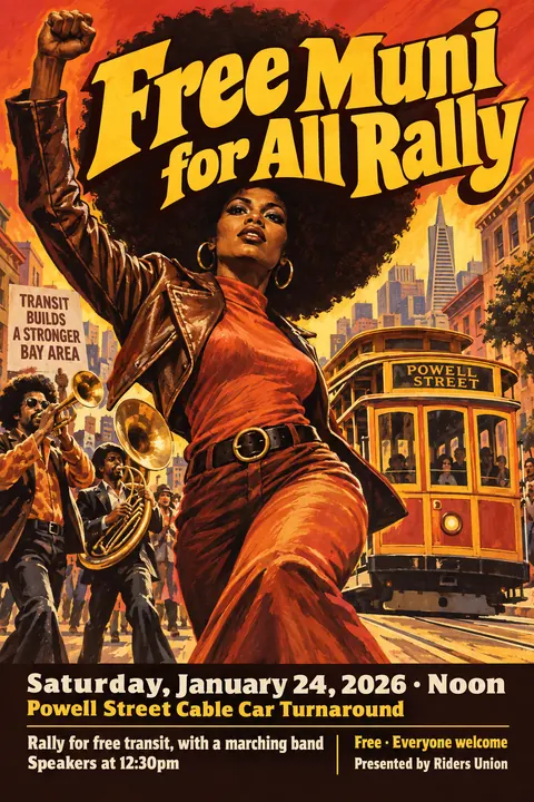 Blaxploitation Movie Poster style event poster for a fictional protest: Free Muni for All Rally