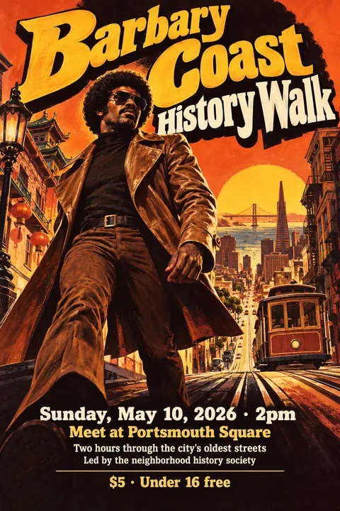 Blaxploitation Movie Poster style poster for a fictional event called Barbary Coast History Walk