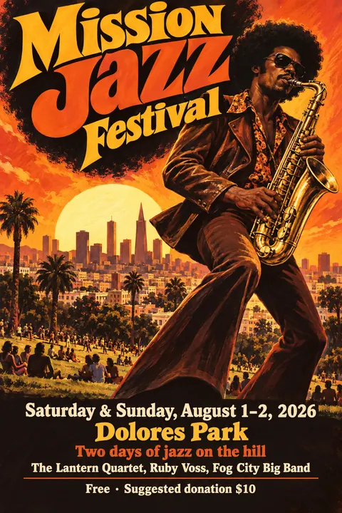 Blaxploitation Movie Poster style event poster for a fictional festival: Mission Jazz Festival