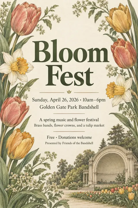 Botanical illustration style event poster for a fictional festival: Bloom Fest