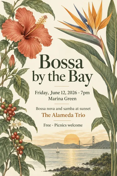 Botanical illustration style poster for a fictional event called Bossa by the Bay