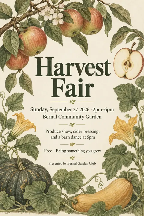 Botanical illustration style poster for a fictional event called Harvest Fair