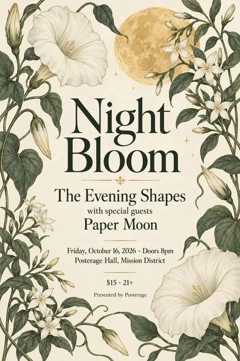 Botanical illustration style poster for a fictional event called Night Bloom
