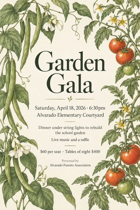 Botanical illustration style event poster for a fictional fundraiser: Garden Gala