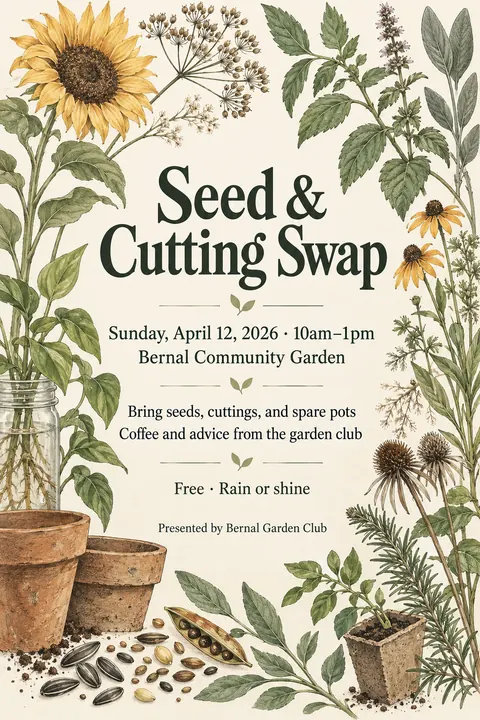 Botanical illustration style poster for a fictional event called Seed & Cutting Swap